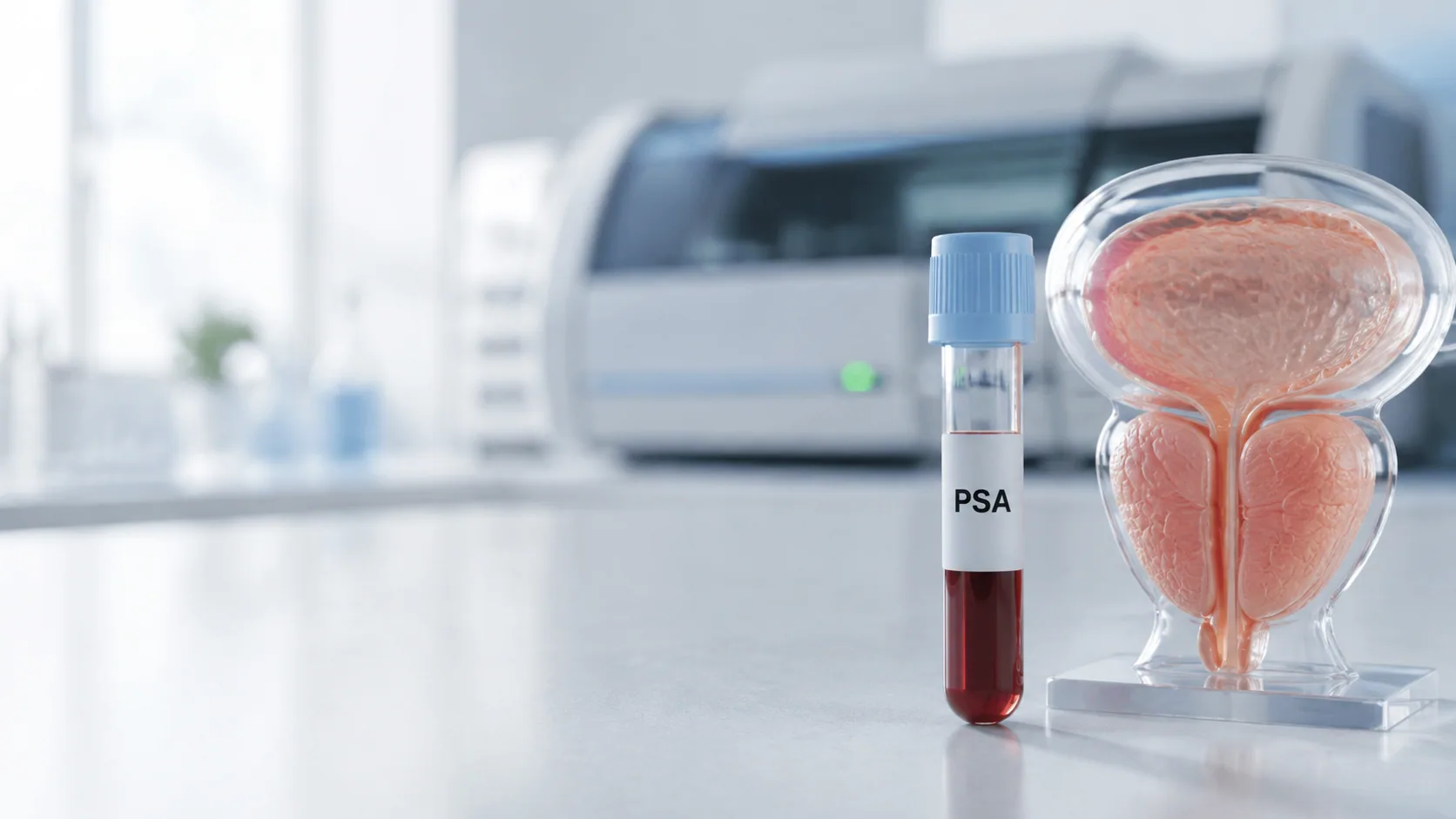 Muestra de analítica de PSA junto a un modelo de próstata.
