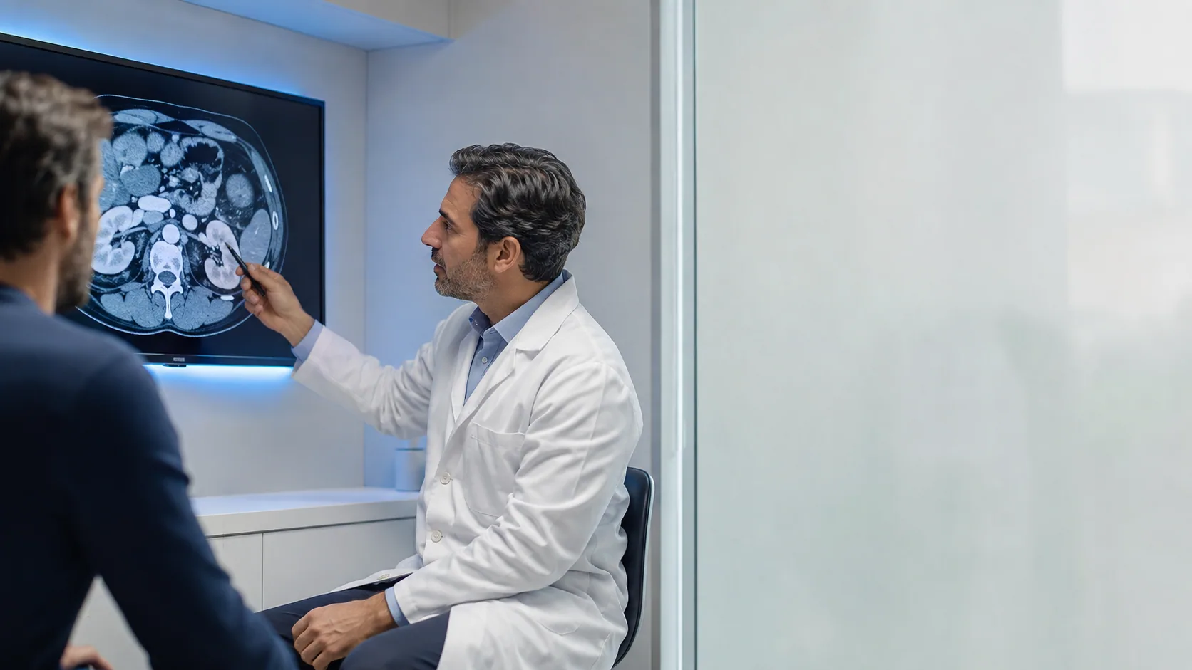 Médico explicando una prueba de imagen de los riñones.