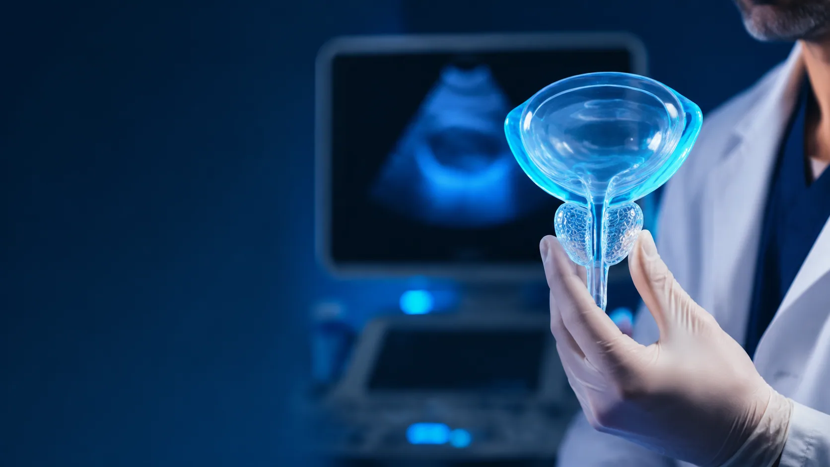 Modelo de vejiga y próstata durante una explicación médica.
