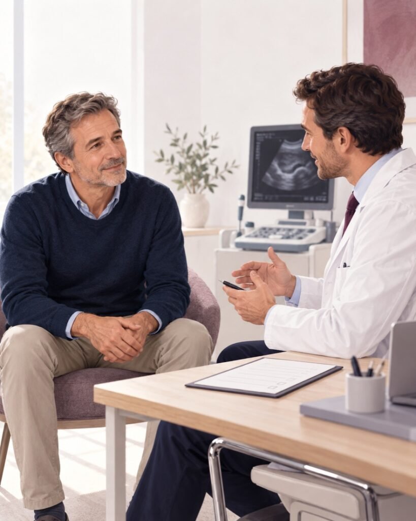 Ilustración de un paciente conversando con un urólogo durante una revisión preventiva.