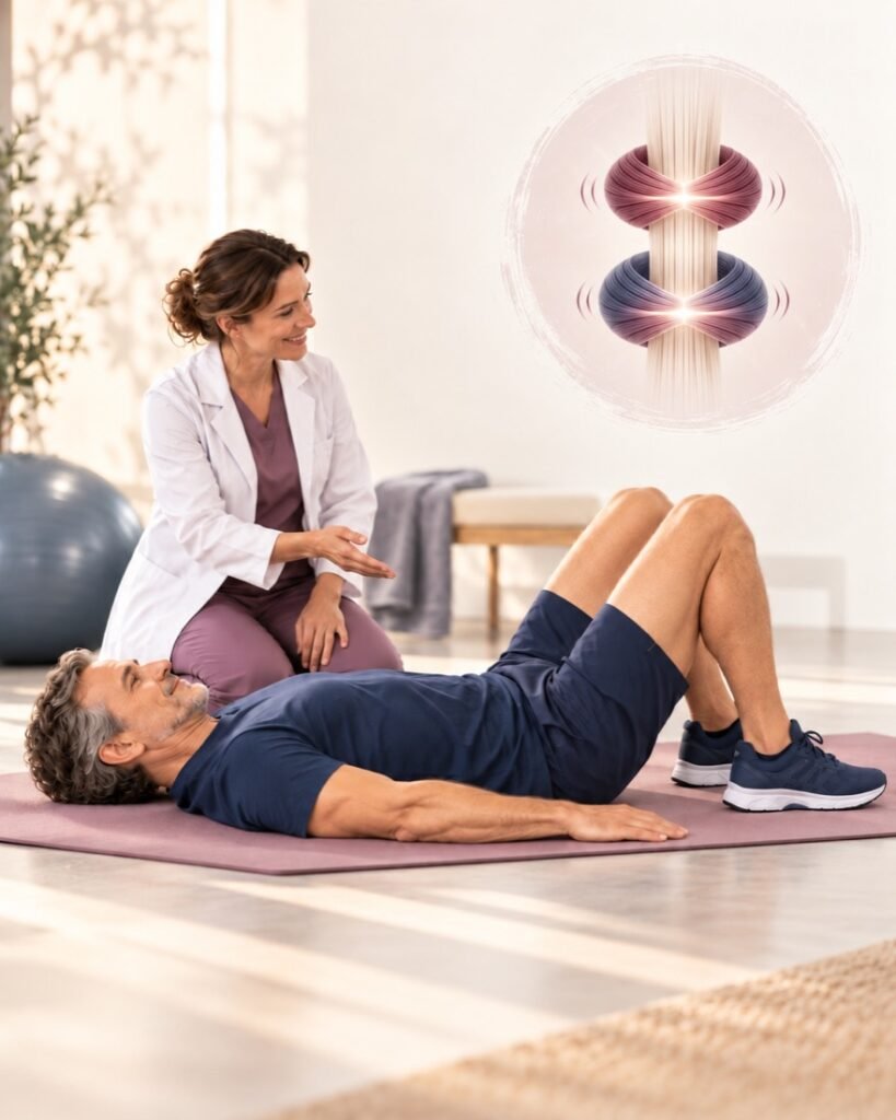 Ilustración del paciente tumbado con rodillas flexionadas, acompañado de una profesional, con una representación conceptual de anillos de fibras musculares activándose.